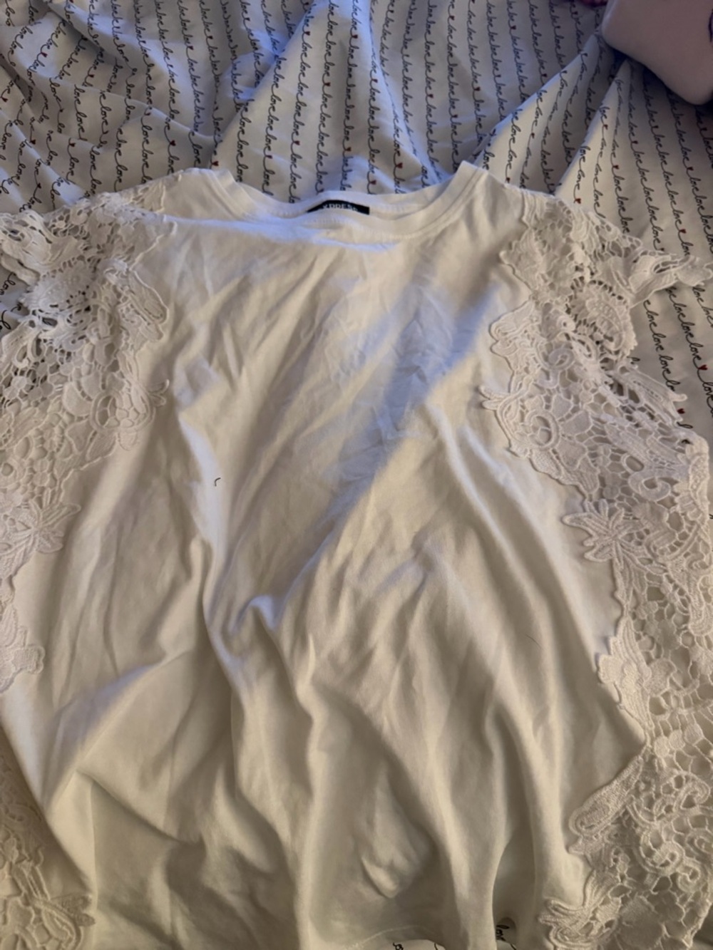 Express White Short Sleeve Top with Lace Trim